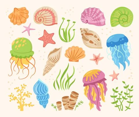 Seashells cartoon hand drawn set ocean marine starfish mollusk seaweed conch 스톡 일러스트