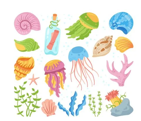 Seashells cartoon hand drawn set ocean marine coral letter message shell Stock Illustration