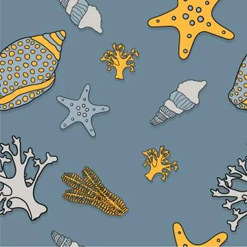 Seashells, Corals and Starfish Seamless Pattern イラスト素材