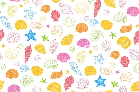 Seashells doodle multicolor wrapper ocean marine shell seamless pattern Stock Illustration