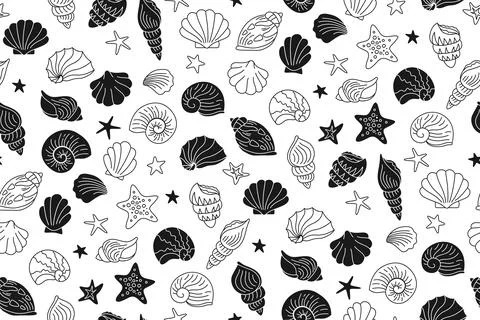 Seashells doodle stamp wrapper ocean marine shell seamless pattern scrapbook Stock Illustration