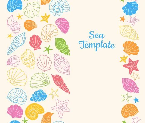 Seashells doodle template background ocean backdrop marine seamless pattern Stock Illustration
