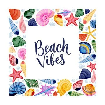 Seashells frame. Summer travel background with hand drawn calligraphy lette.. Stock Illustration