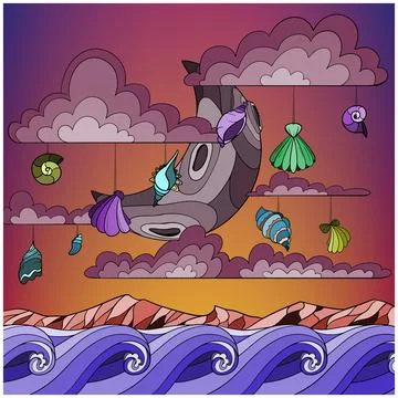 Seashells hanging in the sky among the clouds Stock Illustration