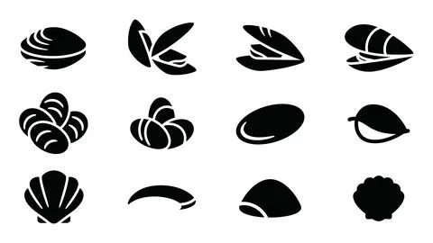 Seashells icons set, various types of marine mollusk shells, black silhouet.. 스톡 일러스트