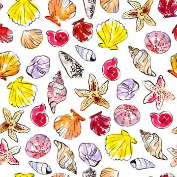 Seashells pattern, colorful, watercolor drawing. Beach towel design, bathroom イラスト素材