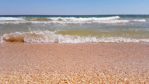 Seashells on sand beach with sea waves, close up Video stock 91934076