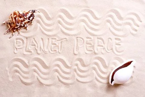 Seashells in sand with text seashells in sand with text as a background Co... Stock-Fotos