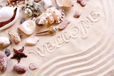 Seashells in sand with text seashells in sand with text as a background Co... Stock-Fotos