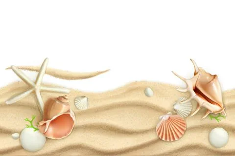 Seashells on sand, vector background Stock Illustration
