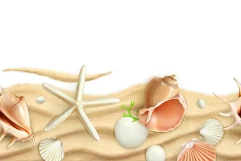 Seashells on sand, vector seamless background Stock Illustration