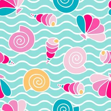 Seashells seamless drawing waves pattern. Doodle shells Stockillustratie