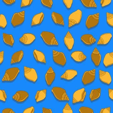 Seashells Seamless Pattern on a Blue Background. 스톡 일러스트