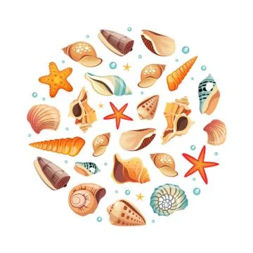 Seashells Seamless Pattern of Round Shape, Summer Vacation Design Element Vector Stock Illustration