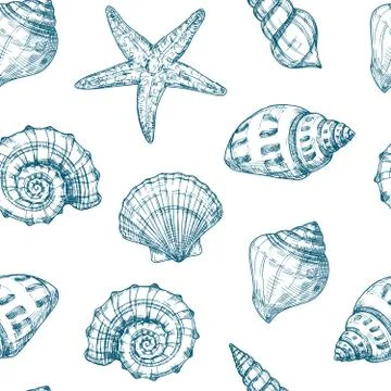Seashells seamless pattern. Sea shell summer ocean texture. Nautical starfish Stock Illustration