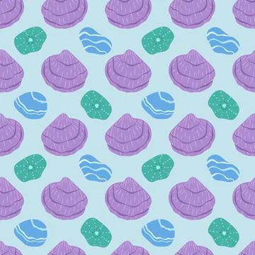 Seashells seamless pattern vector illustration. Purple scallop shells, blue sea Stock Illustration