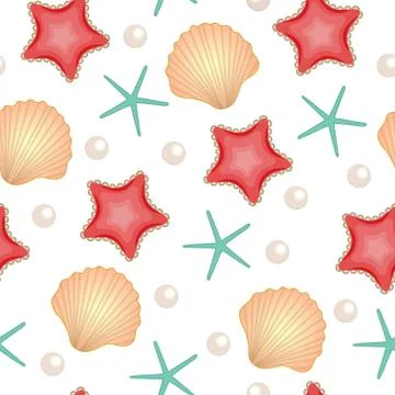 Seashells seamless texture. Marine background. Cute summer background. Vect.. Stock Illustration