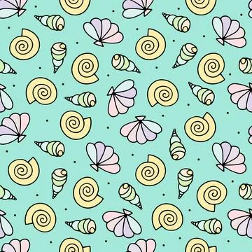 Seashells seamless vector drawing pattern. Doodle shells Stock Illustration