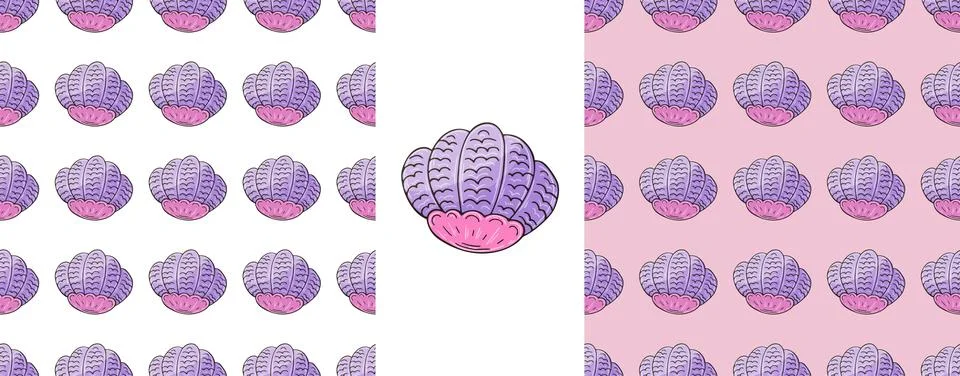 Seashells. Set marine seamless pattern. Pattern in hand draw style, created f Stockillustratie