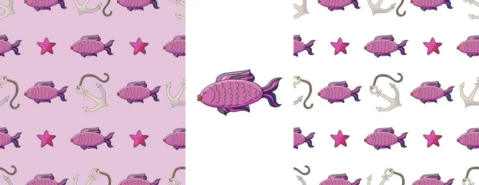 Seashells. Set marine seamless pattern. Pattern in hand draw style, created f Stock Illustration