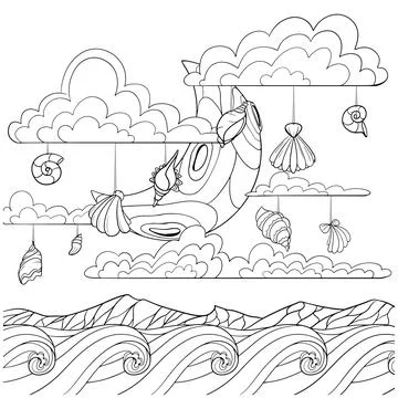 Seashells in the sky line art design. Stock Illustration