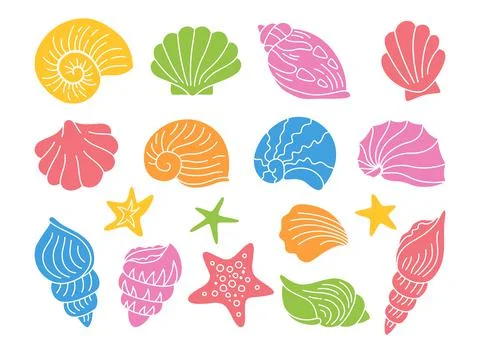 Seashells stamp stencil multicolor set ocean marine starfish mollusk conch sink Stock Illustration