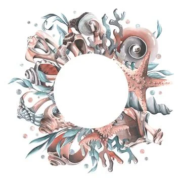 Seashells, starfishes, bubbles, algae and corals turquoise. Watercolor Stock Illustration