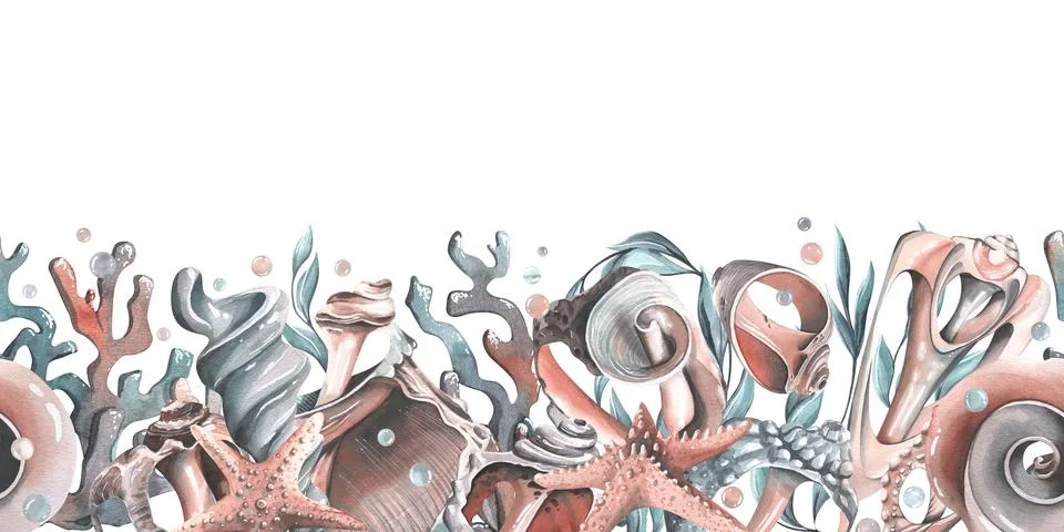 Seashells, starfishes, bubbles, algae and corals turquoise. Watercolor Иллюстрация