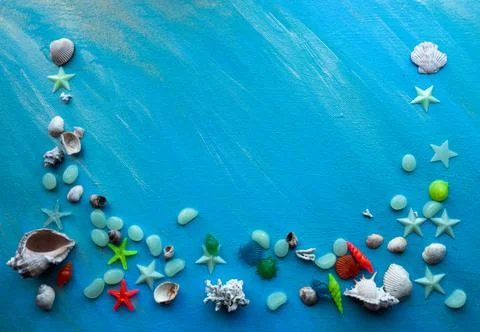 Seashells summer background. Many different seashells, starfish on a background Stock Photos