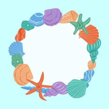 Seashells vector frame illustration. Colorful underwater round border design Stock Illustration