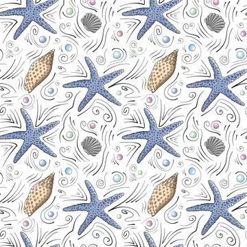 Seashells vector seamless pattern in cartoon style. Blue starfish, light brow Stock Illustration