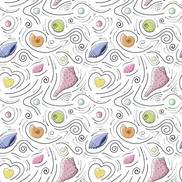 Seashells vector seamless pattern in cartoon style Illustrazione stock
