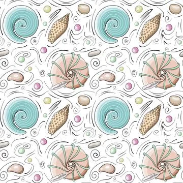 Seashells vector seamless pattern in cartoon style. 스톡 일러스트