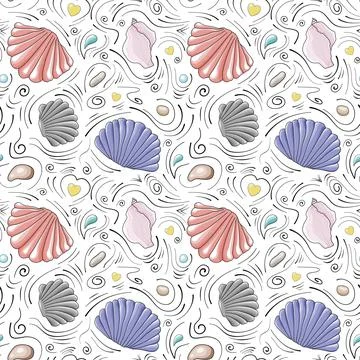 Seashells vector seamless pattern in cartoon style. Stock Illustration