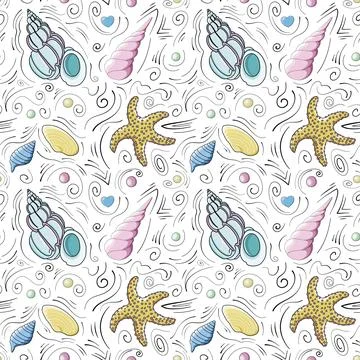 Seashells vector seamless pattern in cartoon style イラスト素材