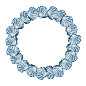 Seashells watercolor frame. Round border of blue shells on isolated white Stock Illustration
