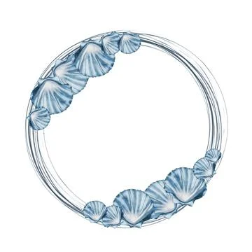 Seashells watercolor frame. Round border of blue shells on isolated white Stock Illustration