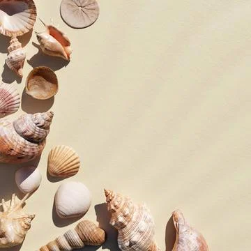 Seashells on the white sand beach background with copy space. Nature and m... Stock Photos