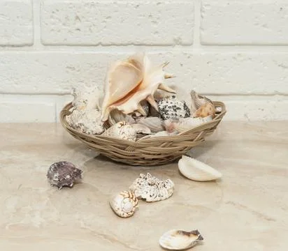 Seashells in a wicker basket on a table against a brick wall background Stock Photos