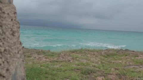 The seashore in 4K turquoise waves and a grassy shore Stock-Footage 331938183