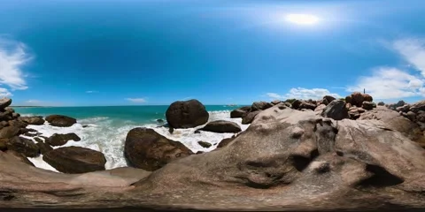 Seashore with cliffs, waves crashing on rocks. Panama Beach, Sri Lanka. Virtual Stock Footage 167437456
