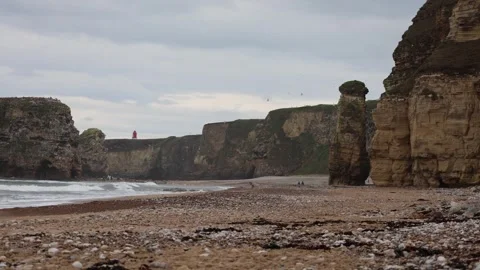 Seashore With High Rocks and Seagulls on a Cloudy Day (Marsden Beach, England) Stock Footage 246941297
