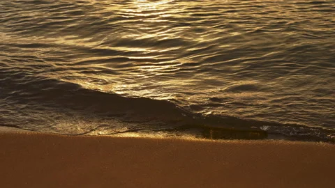 Seashore at Sunset. Small Waves Roll on the Shore. Golden Time. The Rays of the Stock Footage 238802649