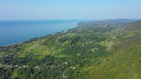 Seashore view landscape with green forest and red roofs of the houses in New Stock Footage 147936591