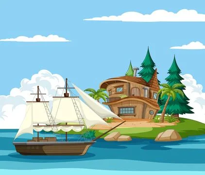 Seaside Adventure with Sailing Ship Stock-Illustration
