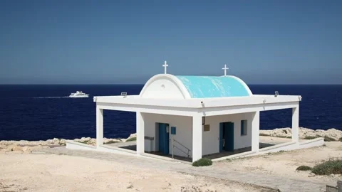 Seaside Chapel with Blue Dome and Ocean View in Cyprus — Video Stock Footage 311427938