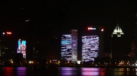 Seaside city at night,skyscrapers,metropolis,Night neon view,Hong Kong,New York Stock Footage