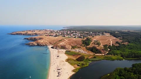 Seaside Cliffs Beach Resort Town River Delta Fly Forward Reveal Houses Landscape Video stock 235662967