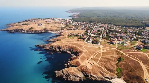 Seaside Cliffs Beach Resort Town Orbit Reveal Mountains Hills Landscape Stock-Footage 235666378