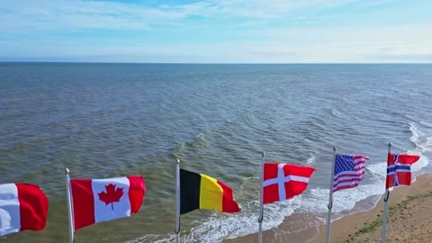 Seaside flags of multiple nations fluttering above a promenade with ocean view 스톡 동영상 307573160